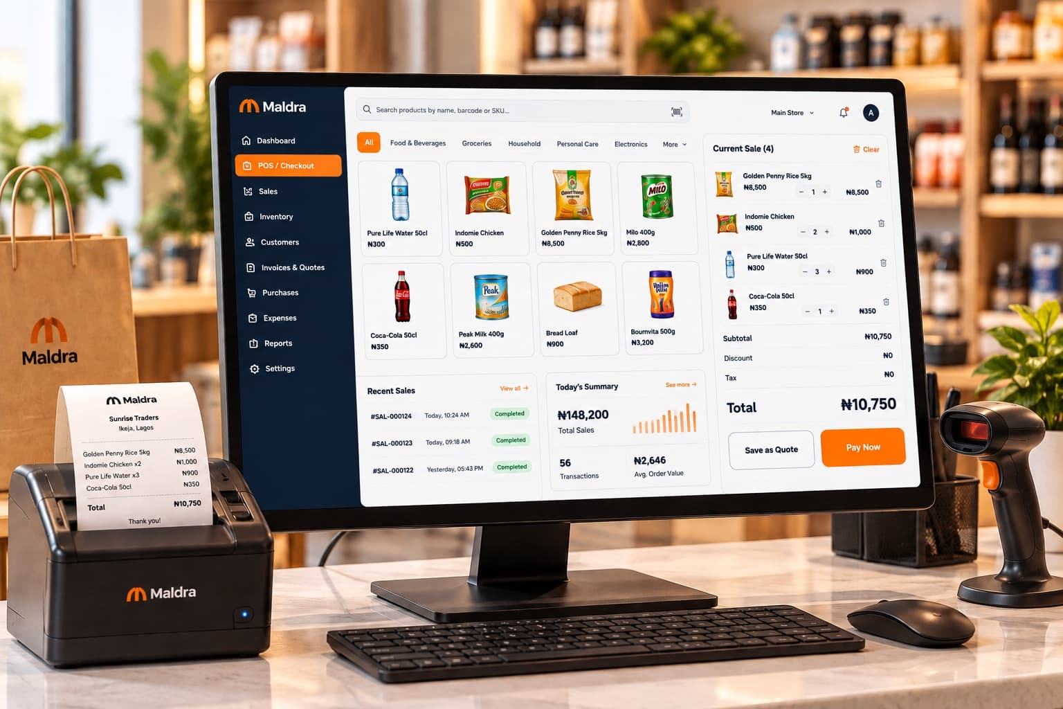 Maldra's checkout screen on a desktop point-of-sale setup