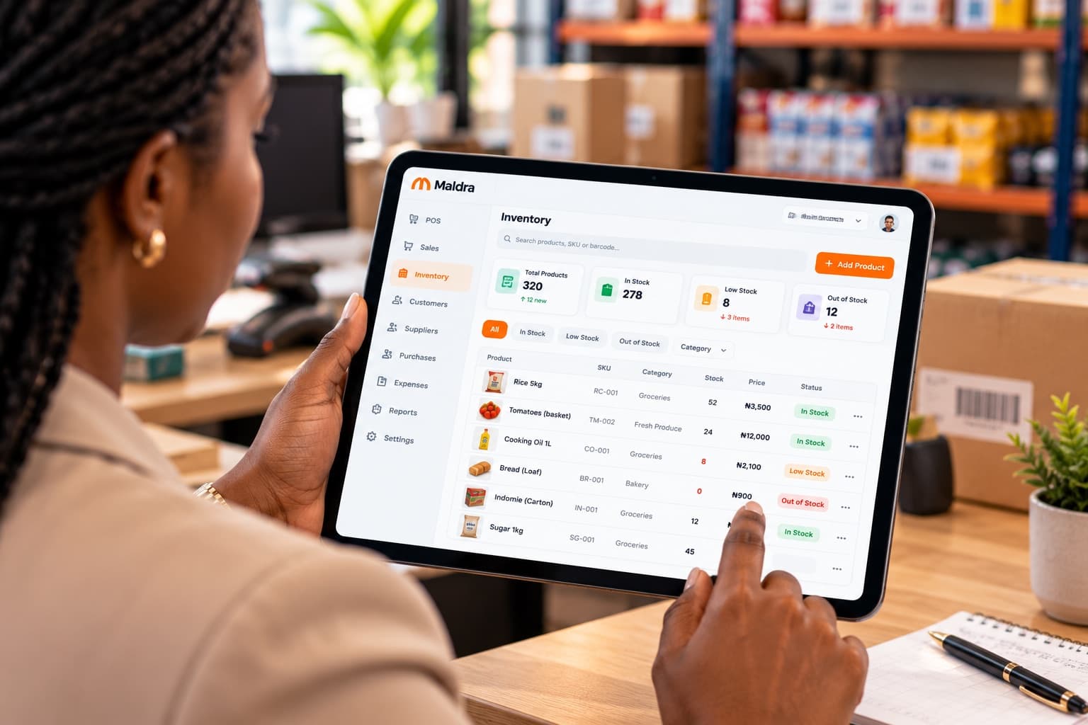 Checking inventory levels on the Maldra app on a tablet