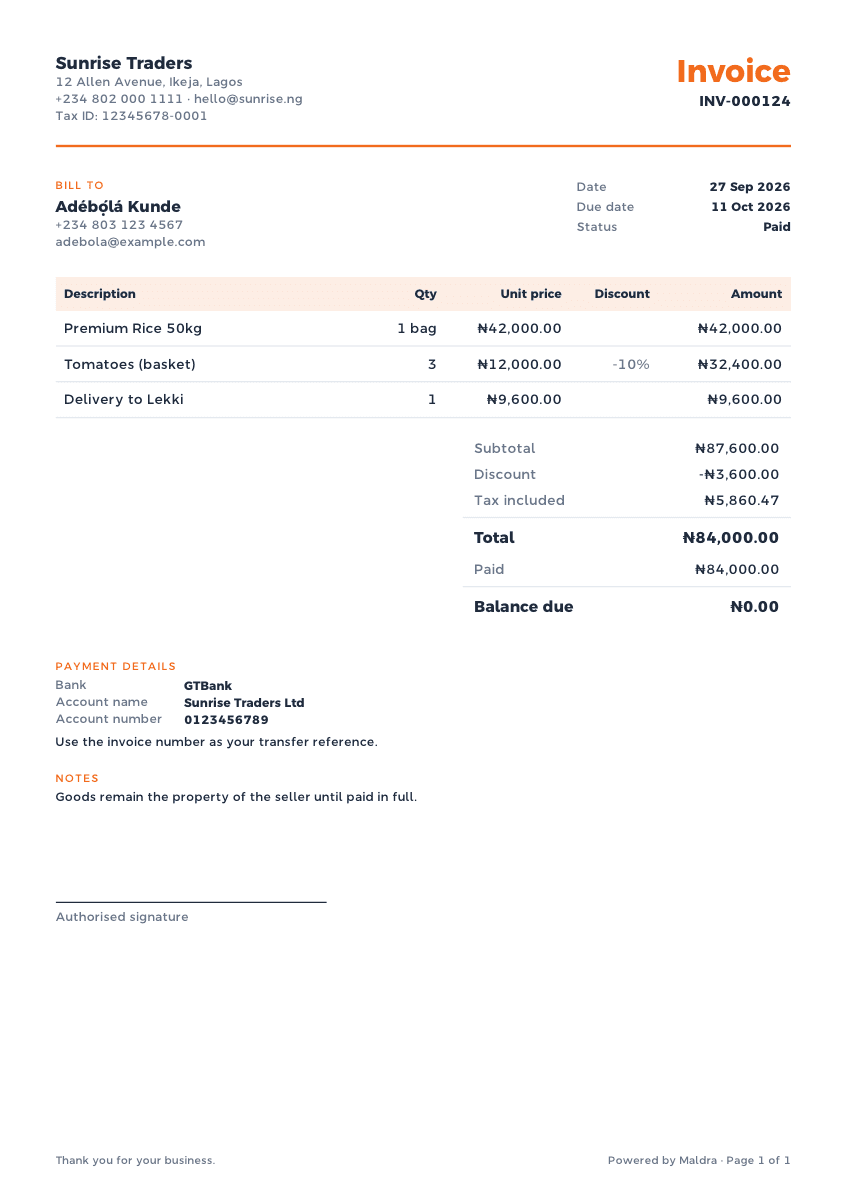 A real invoice (INV-000124) rendered by Maldra