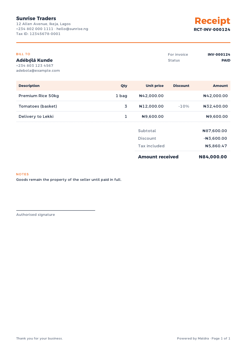 A real receipt (RCT-INV-000124) rendered by Maldra