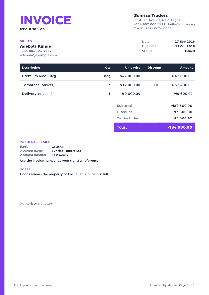Bold invoice template, a real Maldra PDF