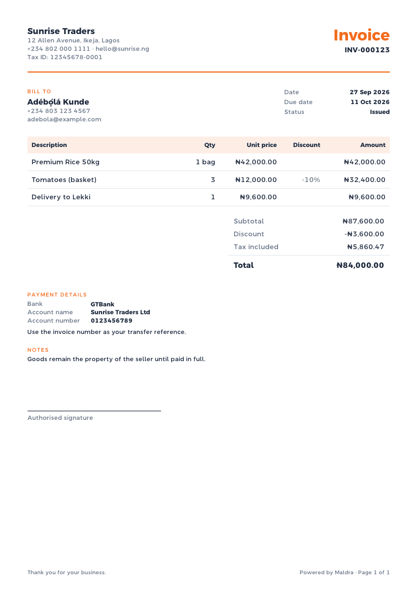 Classic invoice template, a real Maldra PDF