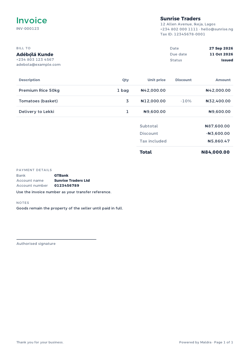 Minimal invoice template, a real Maldra PDF