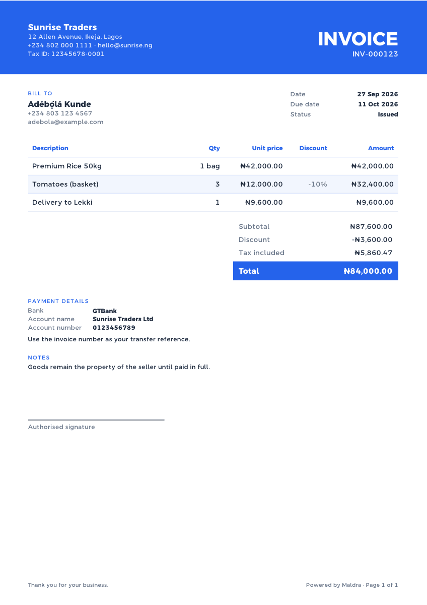 Modern invoice template, a real Maldra PDF